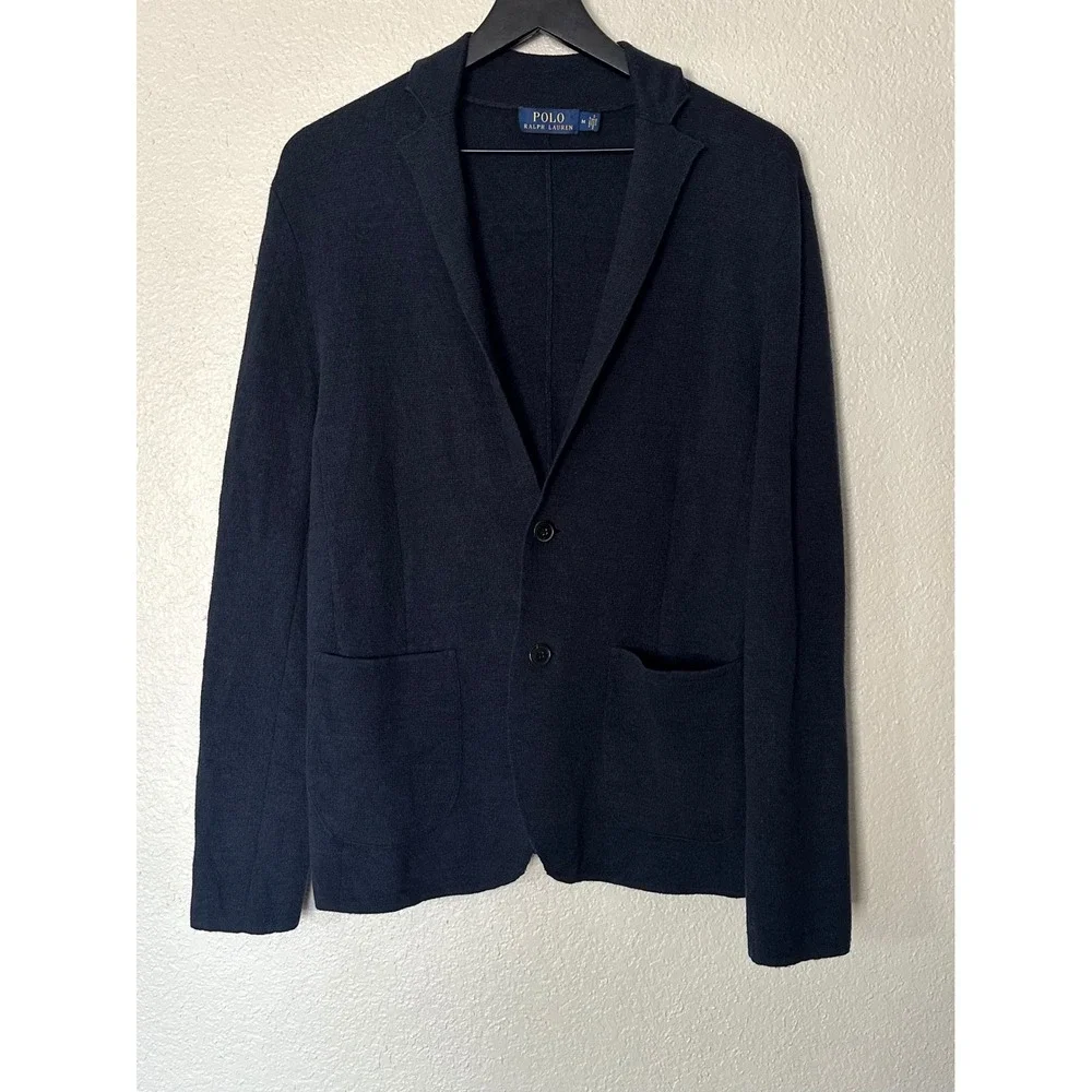 Polo Ralph Lauren Mens M Navy Linen Wool Knit Cardigan Blazer Jacket Slim Fit
